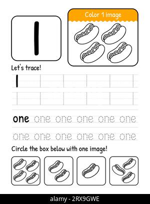 Page de feuille de travail intérieure du livre de traçage Word et numéro un avec des activités de coloriage et de comptage Illustration de Vecteur