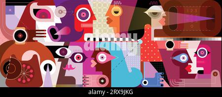 Grande illustration vectorielle horizontale d'un groupe de personnes avec un téléphone obsolète. Illustration de Vecteur