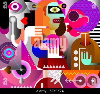 Portrait moderne d'art abstrait de trois belles femmes, illustration vectorielle. Groupe de personnes qui parlent. Illustration de Vecteur