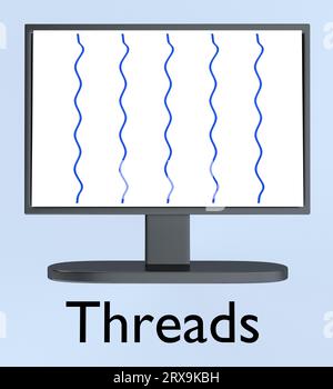 Illustration 3D d'un écran de PC affichant des threads, intitulés threads. Banque D'Images