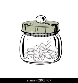 Illustration vectorielle d'un récipient en verre fermé avec couvercle solide et graines de cacao à l'intérieur. Contour noir, dessin graphique dans les courbes. Pour les cartes postales, design Illustration de Vecteur