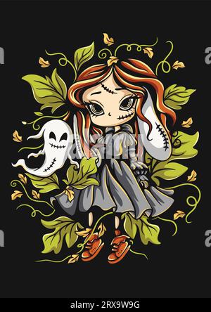 Mignon Halloween Girl Scary Halloween Costume t-shirt Design. Illustration de Vecteur