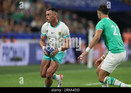 L'Africain Jesse Kriel lors du match de la coupe du monde de Rugby 2023 dans la poule B entre l'Afrique du Sud et l'Irlande au Stade de France à Saint-Denis, à l'extérieur de Paris, le samedi 23 septembre 2023. Crédit : Aki Nagao/AFLO/Alamy Live News Banque D'Images