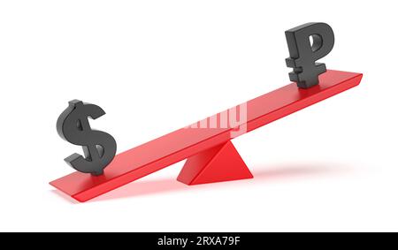 Dollar AMÉRICAIN contre rouble russe sur balançoire. Image conceptuelle du déséquilibre entre devises. Banque D'Images