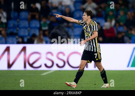 Federico Chiesa de la Juventus FC célèbre après avoir marqué un but lors du match de football Serie A entre l'US Sassuolo et la Juventus FC. Banque D'Images