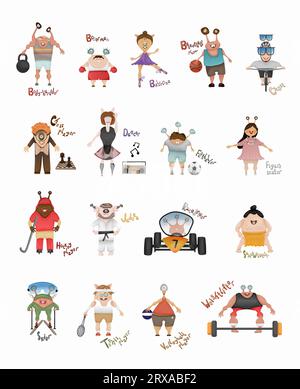 Illustration d'affiche mignonne de monstres sportifs, éléments graphiques d'activités sportives clipart Banque D'Images