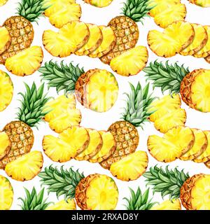 aquarelle dessinée à la main modèle sans couture avec ananas avec la moitié et les tranches d'ananas mûr, croquis de fruits tropicaux jaunes, illustration alimentaire isolée Banque D'Images