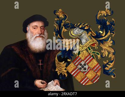 Armoiries et portrait de Vasco da Gama, v. 1460s – 1524, explorateur portugais, édité numériquement Banque D'Images