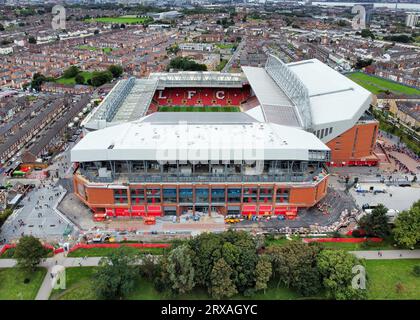 Liverpool, Royaume-Uni. 24 septembre 2023. Vue aérienne d'Anfield avant le match de Premier League à Anfield, Liverpool. Le crédit photo devrait être : Gary Oakley/Sportimage crédit : Sportimage Ltd/Alamy Live News Banque D'Images