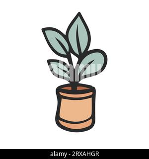 Plante de maison en pot. Icône de dessin animé vectoriel dessiné à la main sur fond blanc Illustration de Vecteur