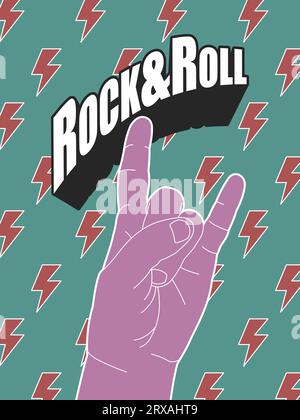 Affiche pour événements rock et fêtes avec le geste des cornes utilisé dans le rock et le métal lourd, dans des couleurs vives sur un fond abstrait et une typographie audacieuse Illustration de Vecteur