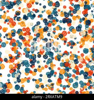 Pois bleu, rouge, orange et jaune avec texture sur fond blanc. Motif sans couture. Banque D'Images