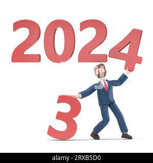 Illustration 3D de sourire barbu homme d'affaires américain Bob arrache une feuille avec 3 et définit la nouvelle année 2024. Au revoir 2023. Changer l'année. Rendu 3D. Banque D'Images