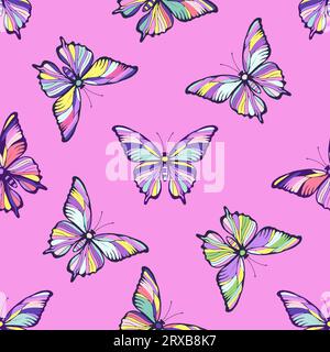 Papillons multicolores motif sans couture sur un fond rose. Illustration vectorielle. Illustration de Vecteur