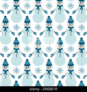 Modèle sans couture hiver et Noël. Flocons de neige et bonhomme de neige avec chapeau, écharpe et moufles. Vecteur plat Illustration de Vecteur