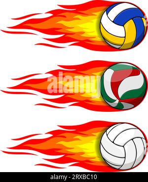 Le volley-ball vole et laisse une traînée de feu derrière lui. Ballons de volley classiques et modernes pour les compétitions et le Beach volley. Vecteur sur fond transparent Illustration de Vecteur