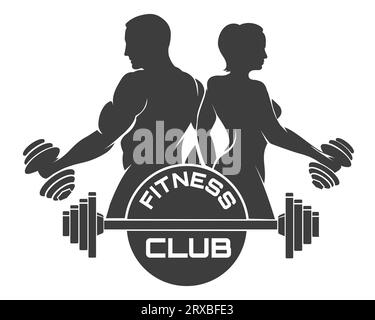 LOGO ou emblème du club de fitness avec bodybuilders et Barbell isolé sur blanc. Illustration vectorielle. Illustration de Vecteur