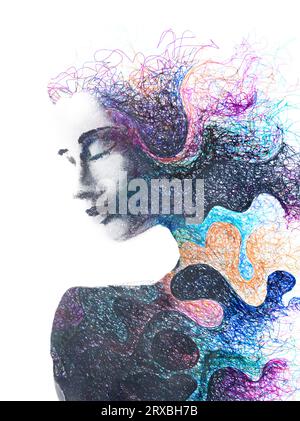 Une peinture de portrait de profil féminin de paintographie colorée Banque D'Images