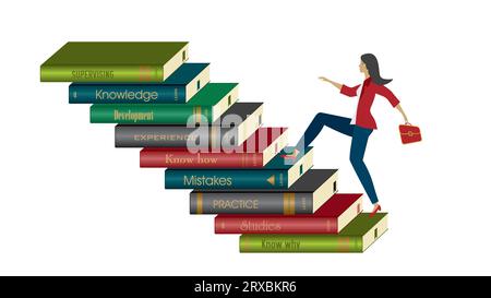 Femme courant à l'étage sur une pile de livres. Isolé. Illustration vectorielle. Illustration de Vecteur