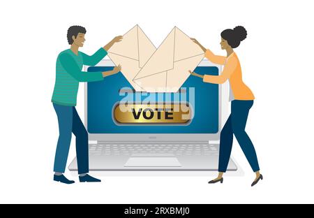 Homme et femme laissant leurs votes en ligne. Isolé. Illustration vectorielle. Illustration de Vecteur