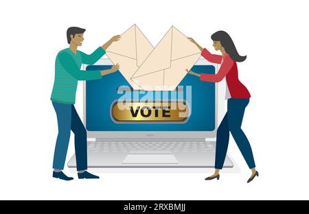 Homme et femme laissant leurs votes en ligne. Isolé. Illustration vectorielle. Illustration de Vecteur