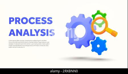 Modèle de bannière d'analyse de processus avec engrenages et loupe. Page d'accueil du service production, finance, analyse des opérations commerciales. icône d'analyse d'opération de rendu 3d. illustration vectorielle 3d. Illustration vectorielle Illustration de Vecteur