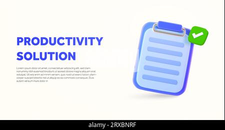 bannière de solution de gestion des tâches et de productivité 3d avec presse-papiers et case à cocher. Module de tâches dans CRM, concept de Landing page ERP. icône de tâche de rendu 3d isolée en arrière-plan. illustration vectorielle 3d. Illustration vectorielle Illustration de Vecteur