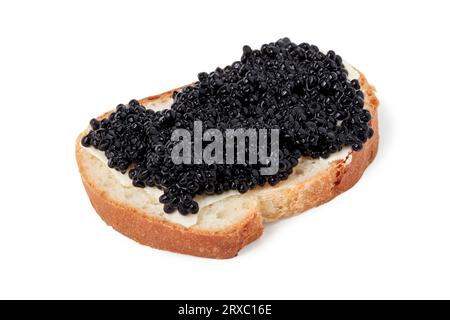 Sandwich au beurre et caviar noir gros plan isolé sur fond blanc Banque D'Images