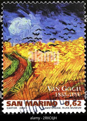 Détail de 'Wheatfield with Crows' par Van Gogh sur timbre Banque D'Images