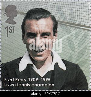 Champion de tennis Fred Perry sur timbre britannique Banque D'Images