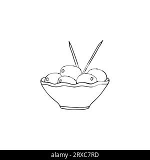 Olives tirées à la main avec cure-dent dans un bol isolé icône réaliste. Casse-croûte Vector, cuisine espagnole ou grecque. Illustration de Vecteur