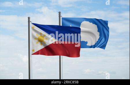 Drapeau des Philippines et drapeau de l'Antarctique agitant ensemble dans le vent sur le ciel bleu Banque D'Images