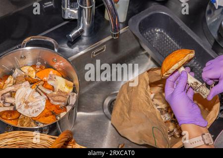 Vue rapprochée des mains féminines dans les gants de nettoyage des champignons dans la cuisine à la maison. Suède. Banque D'Images