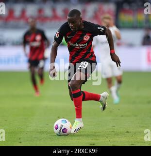 Frankfurt am main, Deutschland. 24 septembre 2023. 24.09.2023, Fussball Bundesliga, Eintracht Frankfurt - SC Freiburg, emonline, emspor, v.l., Niels Nkounkou (Eintracht Frankfurt) LES RÈGLEMENTS DFL/DFB INTERDISENT TOUTE UTILISATION DE PHOTOGRAPHIES COMME SÉQUENCES D'IMAGES ET/OU QUASI-VIDÉO. Xdcx crédit : dpa/Alamy Live News Banque D'Images