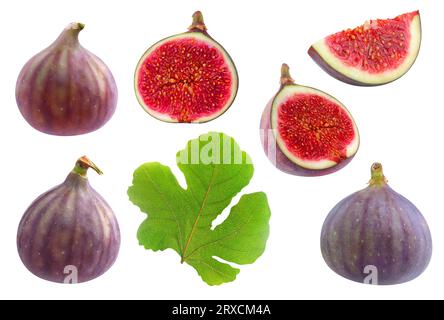 Collection de figues entières et coupées isolées sur fond blanc Banque D'Images