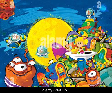 Dessin animé drôle scène colorée du cosmos galactique extraterrestre ufo isolé illustration pour les enfants Banque D'Images