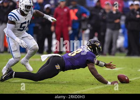 Baltimore, États-Unis. 24 septembre 2023. Le quarterback des Ravens de Baltimore Lamar Jackson (8) récupère son propre fumble sous la pression du Defensive End Kwity paye (51) des Indianapolis Colts lors de la première mi-temps au M&T Bank Stadium de Baltimore, Maryland, le dimanche 24 septembre 2023. Photo de David Tulis/UPI crédit : UPI/Alamy Live News Banque D'Images