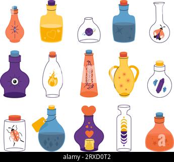 Des bouteilles poison Doodle. Potions de sorcières, bouteille de potion d'alchimie. Magie de parfum vintage, éléments de boisson magique de sorcellerie, art graphique vectoriel décent Illustration de Vecteur