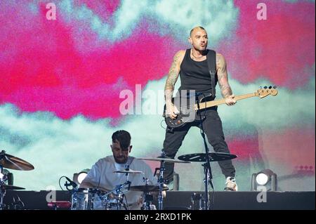 Manchester, Royaume-Uni. 24 septembre 2023. James Bourne, Matt Willis et Charlie Simpson du groupe Busted se produisent à l'AO Arena de Manchester. 2023-09-24 . Crédit : Gary Mather/Alamy Live News Banque D'Images