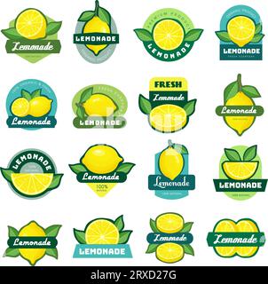 Étiquettes de limonade. Étiquettes décoratives collantes ou badges avec des photos de citron étiquettes vectorielles récentes pour le jus frais Illustration de Vecteur