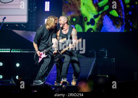 Manchester, Royaume-Uni. 24 septembre 2023. James Bourne, Matt Willis et Charlie Simpson du groupe Busted se produisent à l'AO Arena de Manchester. 2023-09-24 . Crédit : Gary Mather/Alamy Live News Banque D'Images