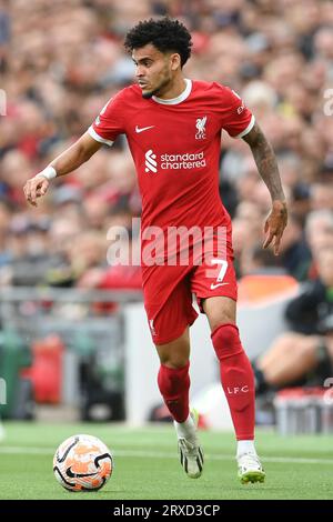 Liverpool, Royaume-Uni. 24 septembre 2023. Luis Diaz de Liverpool lors du match de Premier League à Anfield, Liverpool. Le crédit photo devrait être : Gary Oakley/Sportimage crédit : Sportimage Ltd/Alamy Live News Banque D'Images