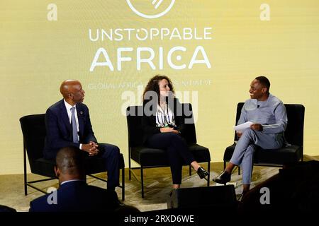 New York, New York, États-Unis. , . James Manyika, Charles Murito lors de la conférence UNSTOPPABLE AFRICA 2023 présentée par Global African Business Initiative, qui s'est tenue au Westin Grand Central à New York, septembre 21-22 2023. Crédit : Jennifer Graylock/Alamy Live News Banque D'Images