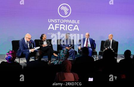 New York, New York, États-Unis. , . Mark Eddo, Pamela Coke-Hamilton, conférencier, Walid Hareb Al Falahi, Selim Bora lors de la Conférence 2023 UNSTOPPABLE AFRICA présentée par Global African Business Initiative, qui s'est tenue au Westin Grand Central à New York, en septembre 21-22 2023. Crédit : Jennifer Graylock/Alamy Live News Banque D'Images