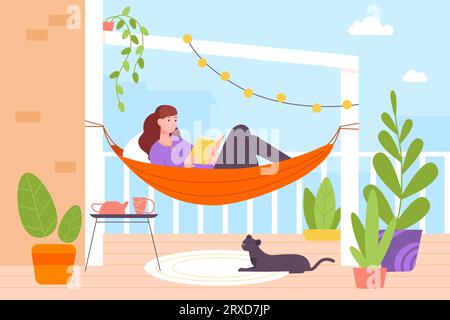 Femme en hamac sur balcon. Fille lisant livre se relaxant à la terrasse de la maison avec plante de fleurs vertes, vacances d'été maison véranda maison illustration vectorielle de ciel intérieur. Femme hamac sur le balcon se détendre Illustration de Vecteur