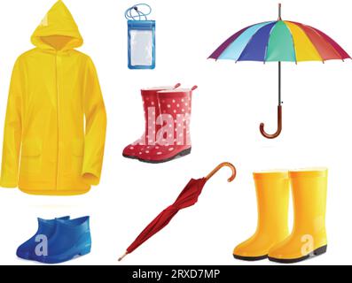 Vêtements imperméables. Vêtements de saison d'automne réalistes d'équipement de pluie, imperméable jaune drôle parapluie Wellies weddle sécurité humide, gumboots et manteau, illustration vectorielle de parapluie et imperméable à l'eau Illustration de Vecteur