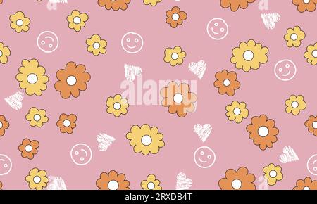 Motif floral sans couture tendance. Ensemble d'illustration de fond rose fleur de style vintage des années 70. Paquet d'illustrations groovy de couleur pastel coloré, nature y2k Illustration de Vecteur