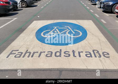 Piste cyclable prioritaire, Fahrradstrasse pour cyclistes dans le centre-ville de Berlin. Traduction : route cyclable Banque D'Images