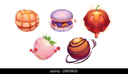 Fantaisie desserts sucrés planète. Ensemble de vecteurs de dessin animé de confiseries et de balles de boulangerie pour les actifs d'espace de jeu. Des mondes cosmiques ronds comme des gaufres, de la crème glacée à la fraise, du macaron et des pâtisseries au chocolat Illustration de Vecteur