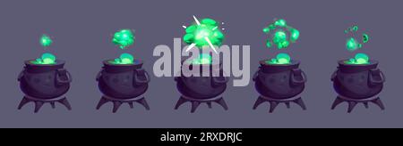 Potion magique bouillant dans un vieux chaudron. Illustration de dessin animé vectoriel de pot de sorcière avec substance verte toxique et nuage de gaz toxique avec effet bouffant, feuille d'animation de sprite, élixir de cuisson de sorcière Illustration de Vecteur